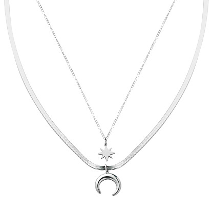 Double-layered Star and Moon Titanium Steel Pendant Snake Bone Necklace - Fashionable, Chic, Stainless Steel Neck Chain Accessory