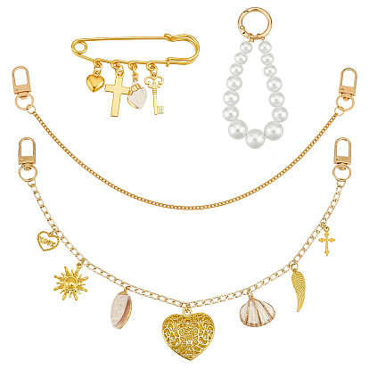 Наборы декоративных цепочек для сумок, включая 1 подвеску в виде сердца из сплава поликарбоната и натуральной ракушки, алюминиевую цепочку, декоративные цепочки, 1 брошь из поликарбоната, 1 подвеску с имитацией жемчуга из поликарбоната