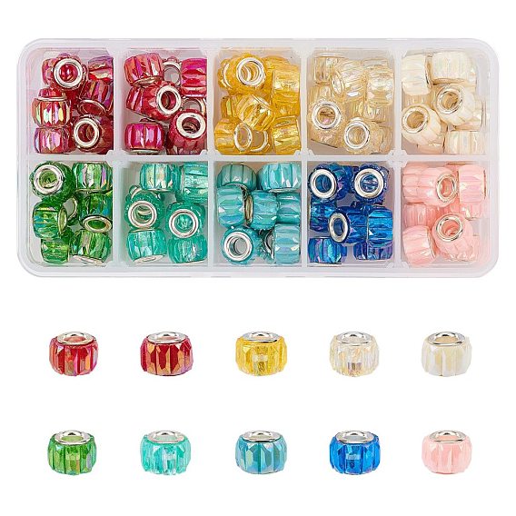 Европейские бусины из непрозрачной / прозрачной смолы, бусины с большим отверстием, с серебряным покрытием цвета латуни двойные сердечники, с покрытием AB цвета, колонка