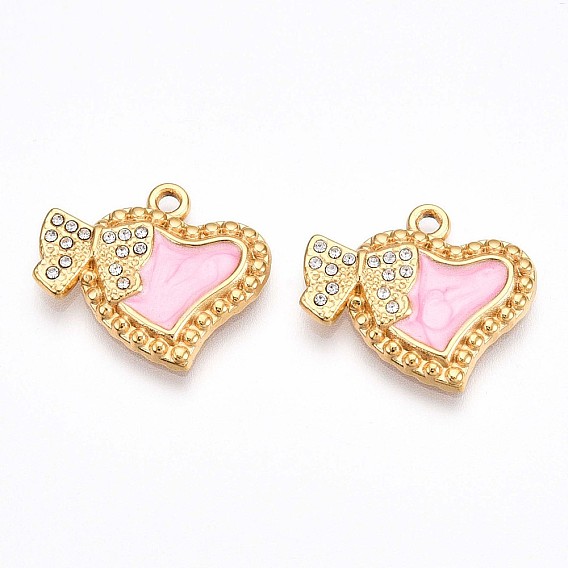 304 подвески из нержавеющей стали с эмалированными стразами, сердце с бантом, ионное покрытие (ip), реальный 18 k позолоченный