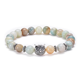 Natural Stone Owl Lion Leopard Head Bracelet with Buddha Beads, Handmade Buddhist Prayer Wristband