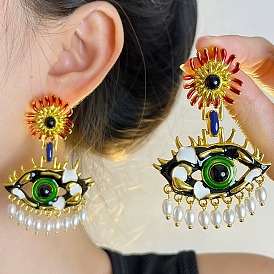 Серьги-гвоздики из сплава с эмалью от сглаза, с пластиковой имитационной жемчужиной