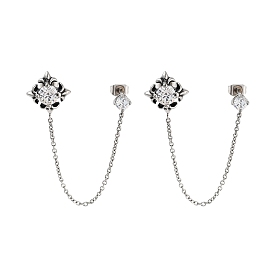 Flower 316 Surgical Stainless Steel Pave Clear Cubic Zirconia Dangle Chains Stud Earrings, Asymmetrical Earrings for Women