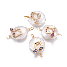 Connecteurs de liens de perles naturelles, avec les accessoires de zircons en laiton, pépites avec note de musique, or