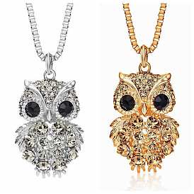 Jet Rhinestone Owl Pendant Necklace with Alloy Box Chains for Men Women