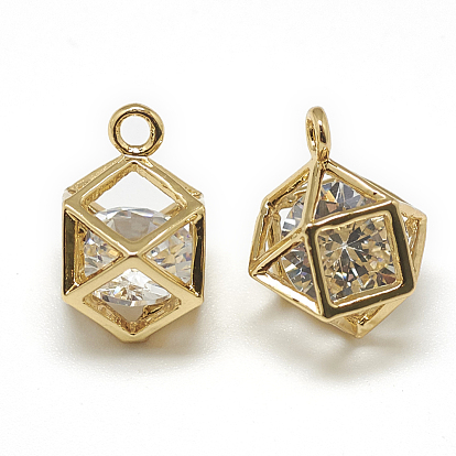 Brass Cubic Zirconia Charms, Polyhedron, Clear, Real 18K Gold Plated