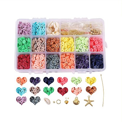 Комплекты ювелирных украшений, с бисером хэйши из полимерной глины ручной работы, карие бусины, Подвески из сплава , эластичная нить, латунные распорные бусины, прыгающее кольцо и штифты с шаровой головкой, ножницы