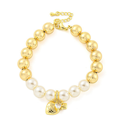 Pulseras redondas con cuentas de perlas de imitación de latón y ABS enchapadas en estante, pulseras con dijes de corazón para mujer, sin plomo y cadmio, larga duración plateado