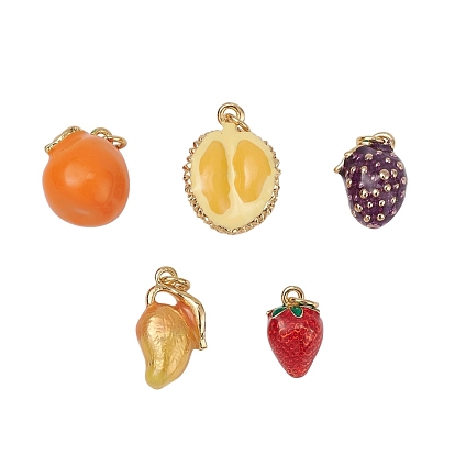 5 piezas 5 dijes de esmalte de latón estilo, larga duración plateado, con anillo de salto, real 18 k chapado en oro, fruta