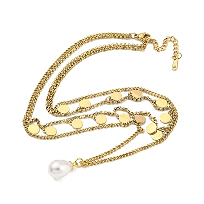 Ion Plating(IP) 201 Stainless Steel Double Layer Necklaces, Plastic Pearl Teardrop Pendant Necklaces for Women
