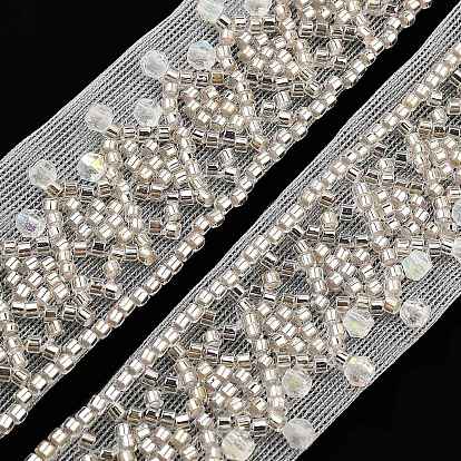 Polyester Lace Trims, with ABS Imitation Pearl Beads and Glass