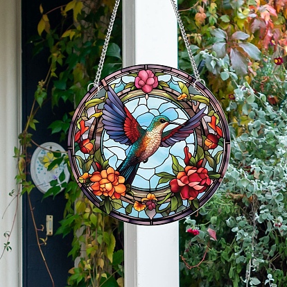 Colibri attrape-soleil pour fenêtre, colibri avec vitrail de fleurs