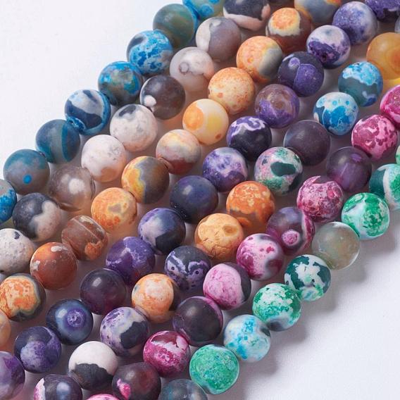 Natural Agate Bead Strands, Dyed & Heated, Frosted, Round