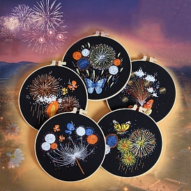 DIY Fireworks Pattern Embroidery Kits for Starter, Including Printed Fabric, Embroidery Thread & Needles, Embroidery Hoops, Instruction