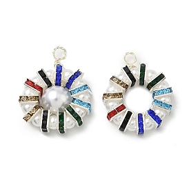 2шт 2 цвета АБС пластик имитация жемчуга подвески, плоско-круглые, с серебряной латунной медной проволокой и латунными бусинами из стразов