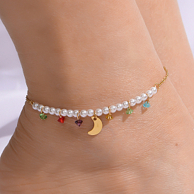 201 браслеты на лодыжку из нержавеющей стали с искусственным жемчугом в форме луны для женщин, красочный