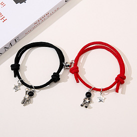 2шт. магнитные браслеты с подвесками в виде космонавта из сплава и пластика, регулируемые браслеты из хлопкового шнура для пар друзей, античное серебро