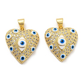 Brass Pave Cubic Zirconia Pendants with Enamel, with Jump Ring, Long-Lasting Plated, Lead Free & Cadmium Free, Heart with Evil Eye