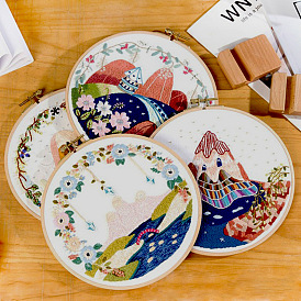 DIY Scenery Pattern Embroidery Kits, Including Printed Cotton Fabric, Embroidery Thread & Needles, Embroidery Hoop