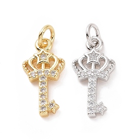 Brass Micro Pave Cubic Zirconia Pendants, with Jump Ring, Crown Key with Star Charm