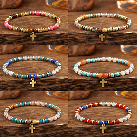 Винтажные латунные браслеты с крестиками-подвесками, браслеты из натуральных смешанных драгоценных камней с круглыми бусинами для женщин и мужчин