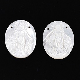 Natural White Shell Mother of Pearl Shell Pendants, Oval with Carved Virgin