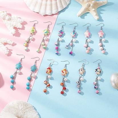 304 серьги-подвески из нержавеющей стали с синтетической бирюзой в виде морской звезды, с имитацией жемчужины из ракушки, золотые