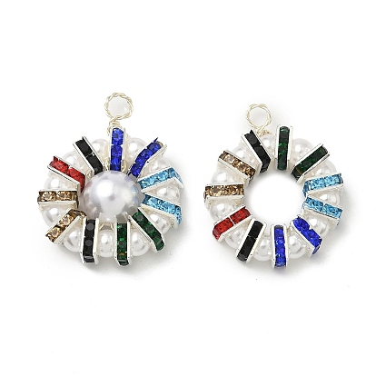 2шт 2 цвета АБС пластик имитация жемчуга подвески, плоско-круглые, с серебряной латунной медной проволокой и латунными бусинами из стразов