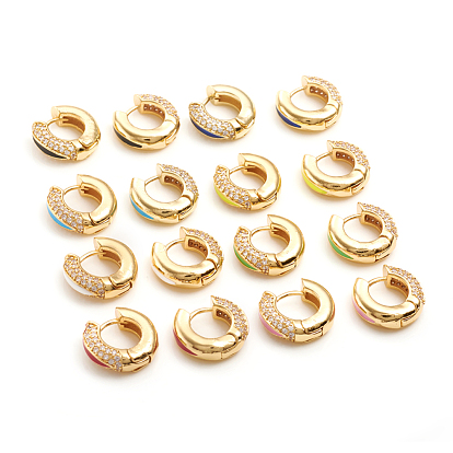 Brass Micro Pave Clear Cubic Zirconia Huggie Hoop Earrings, with Enamel, Ring, Golden