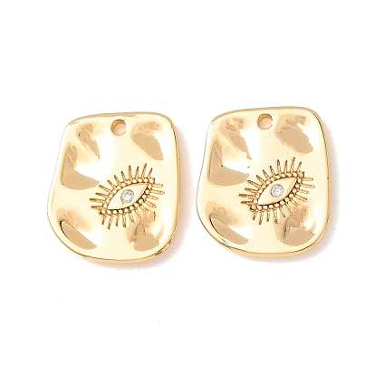 Brass Micro Pave Clear Cubic Zirconia Charms, Hammered Rectangle with Evil Eye Charms