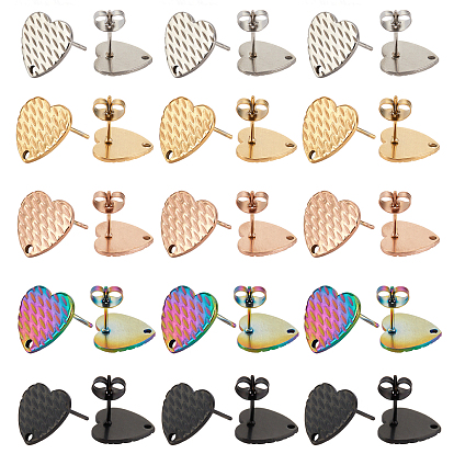 30Pcs 5 Colors Ion Plating(IP) Heart Shape 304 Stainless Steel Stud Earring Findings, with Earring Backs, for Jewelry Making