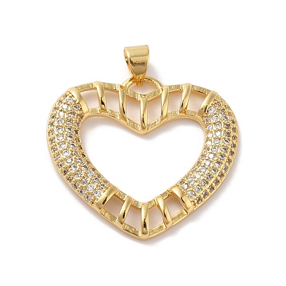 Rack Plating Brass Micro Pave Cubic Zirconia Pendants, Real 18K Gold Plated, Long-Lasting Plated, Lead Free & Cadmium Free, Heart