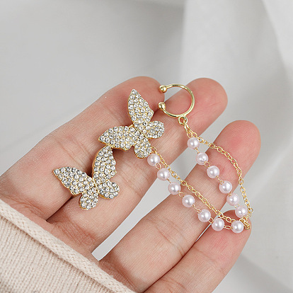 Asymmetric Butterfly Pearl Chain Ear Cuff - Sweet, Elegant, Minimalist Ear Clip Earrings.