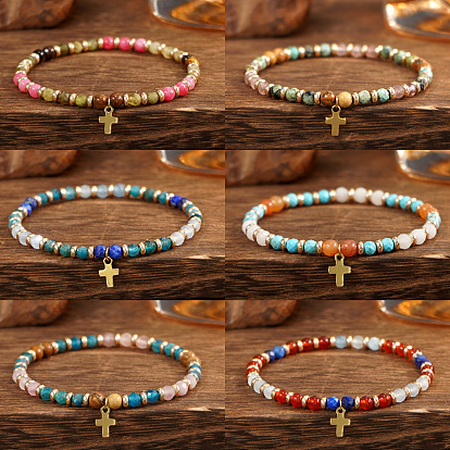 Винтажные латунные браслеты с крестиками-подвесками, браслеты из натуральных смешанных драгоценных камней с круглыми бусинами для женщин и мужчин