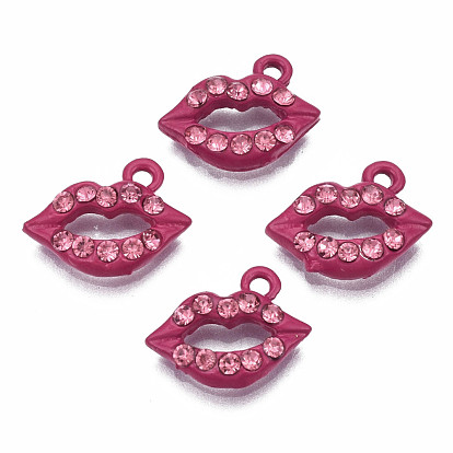 Spray Painted Alloy Pendants, Rack Plating, with Rhinestone, Cadmium Free & Nickel Free & Lead Free, Lip