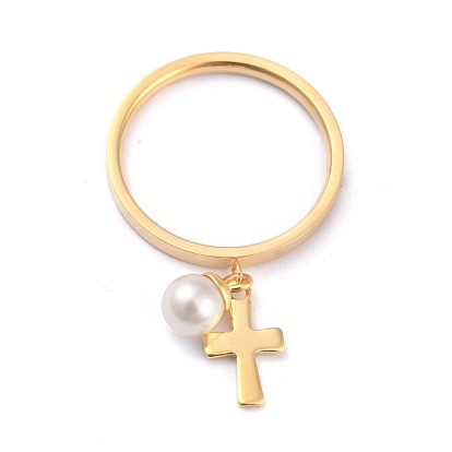 Dual-use Items, 304 Stainless Steel Finger Rings or Pendants, with Plastic Round Beads, Cross, White