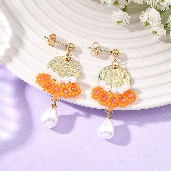 Boucles d'oreilles chandelier en laiton et perles de verre et de rocaille, ronde, Boucles d'oreilles puces avec pendentifs en plastique ABS imitation perle, crémaillère plaquage, or