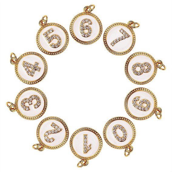 10 шт 10 стиль латунь микропаве прозрачные подвески из кубического циркония, долговечный, с прыжковыми кольцами и белой эмалью, плоские круглые с номером, реальный 18 k позолоченный