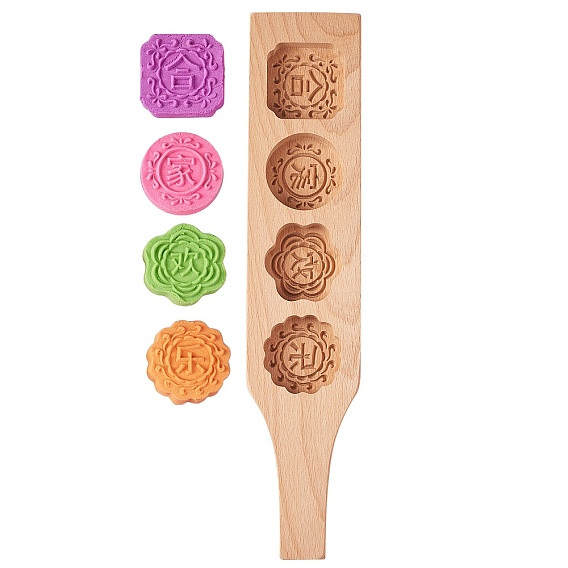 Плоские круглые, квадратные и цветочные деревянные пресс-формы для лунного пирога, формы для выпечки, формы для тортов, 4 полости с китайскими иероглифами