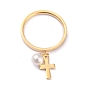 Dual-use Items, 304 Stainless Steel Finger Rings or Pendants, with Plastic Round Beads, Cross, White