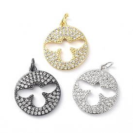 Brass Micro Pave Cubic Zirconia Pendants, with Jump Rings, Flat Round with Bird