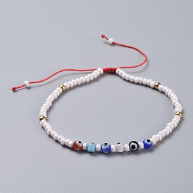 Adjustable Nylon Thread Braided Beads Bracelets, with Handmade Evil Eye Lampwork Round Beads, Round Glass Seed Beads and Brass Beads