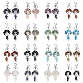 Natural & Synthetic Gemstone Keychain, with Platinum Brass & Iron Findings, Long-Lasting Plated, Lead Free & Cadmium Free, Flat Round with Tree of Life