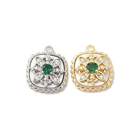 Brass Micro Pave Clear Cubic Zirconia Charms, with Glass & Shell & Jump Ring, Square with Flower