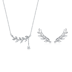 S925 Sterling Silver Micro Pave Clear Cubic Zirconia Leaf Earrings & Pendants Necklaces Set for Women