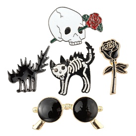 5Pcs 5 Style Alloy Enamel Brooches, Enamel Pin, with Butterfly Clutches, Rose & Sunglasses & Skull with Rose & Cat Shape
