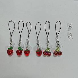 6pcs 3 styles sangles mobiles en acrylique et résine avec breloque fraise et cerise, avec 2pcs bouchons anti-poussière mobiles en pvc