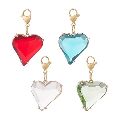 K9 Glass Pendants Decorations, 304 Stainless Steel Lobster Claw Clasp Charms, Asymmetrical Heart Charm