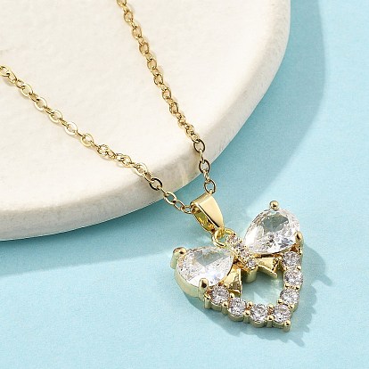 Латунный микропаве кубический цирконий кулон в форме сердца ожерелья для женщин, с 304 цепи из нержавеющей стали, ионное покрытие (ip)