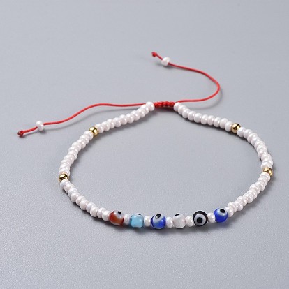 Adjustable Nylon Thread Braided Beads Bracelets, with Handmade Evil Eye Lampwork Round Beads, Round Glass Seed Beads and Brass Beads
